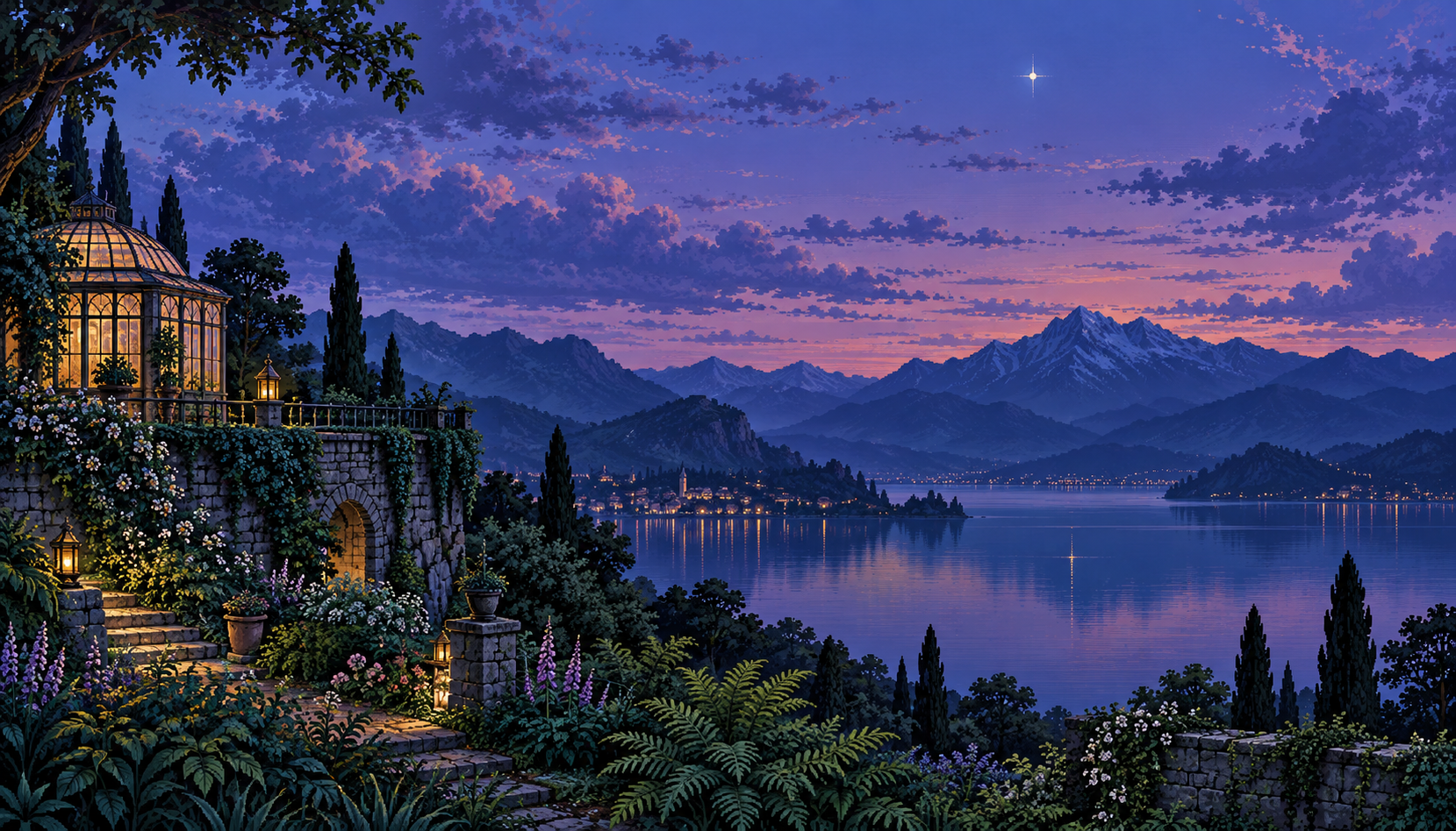 A lantern-lit garden and greenhouse overlook a mountain lake at blue hour.